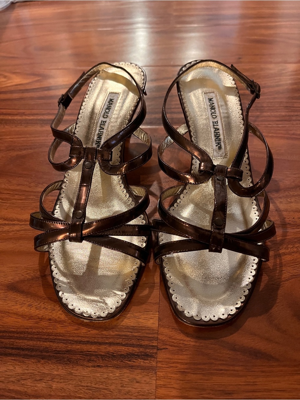 Manolo Blahnik Metallic Bronze Patent Leather Strappy Sandals Sz 38 US 7.5-8